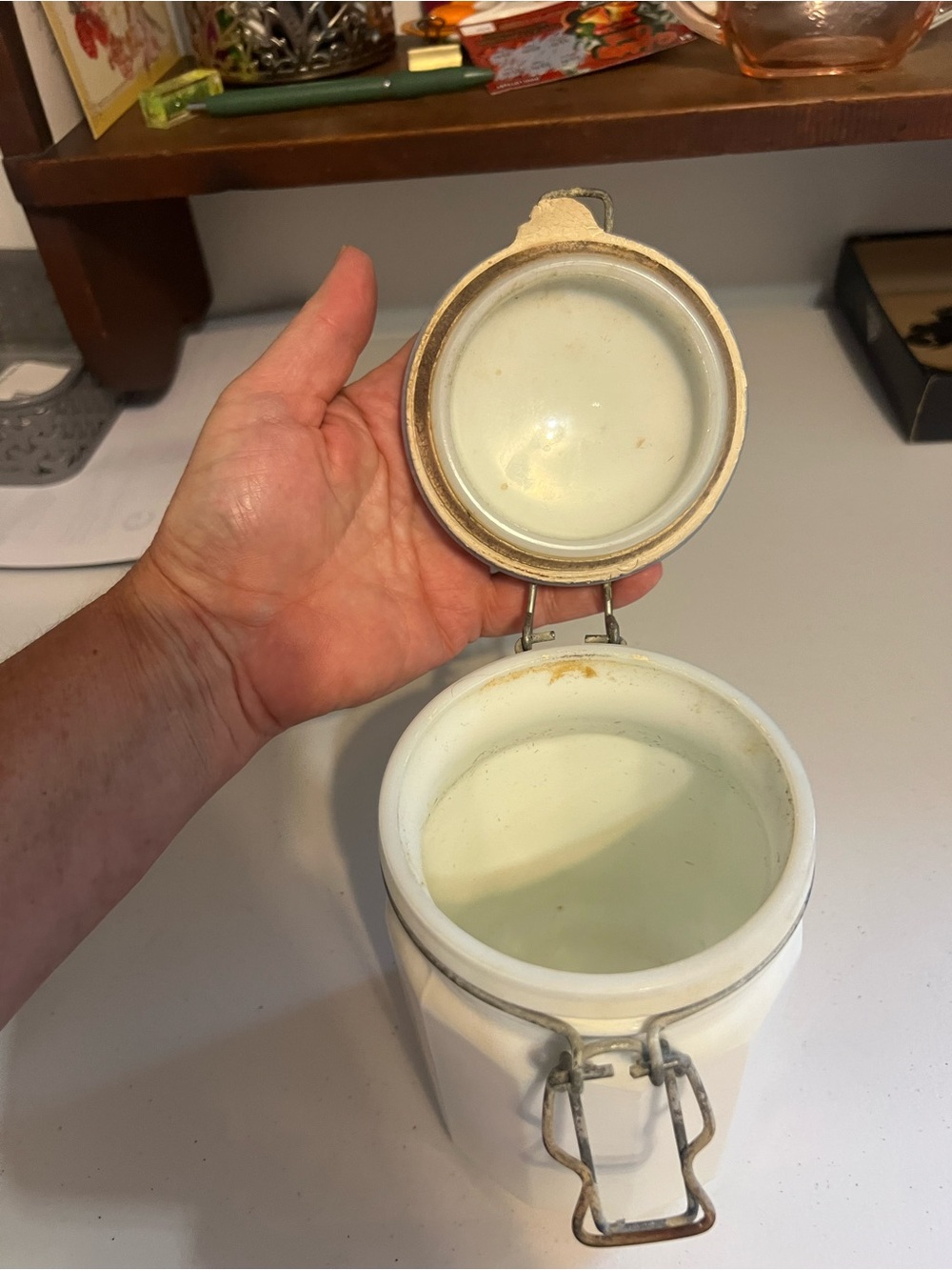 Vintage Milk Glass Airtight Canister with Metal Clamp Lid - Picture 6 of 9